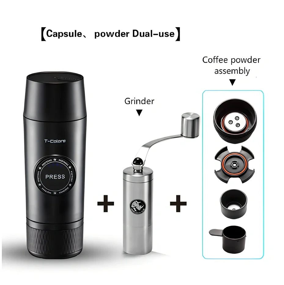Mini portable espresso maker with rechargeable battery showing 18-bar pressure system and 80ml water tank