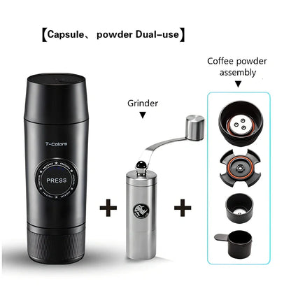 Mini portable espresso maker with rechargeable battery showing 18-bar pressure system and 80ml water tank