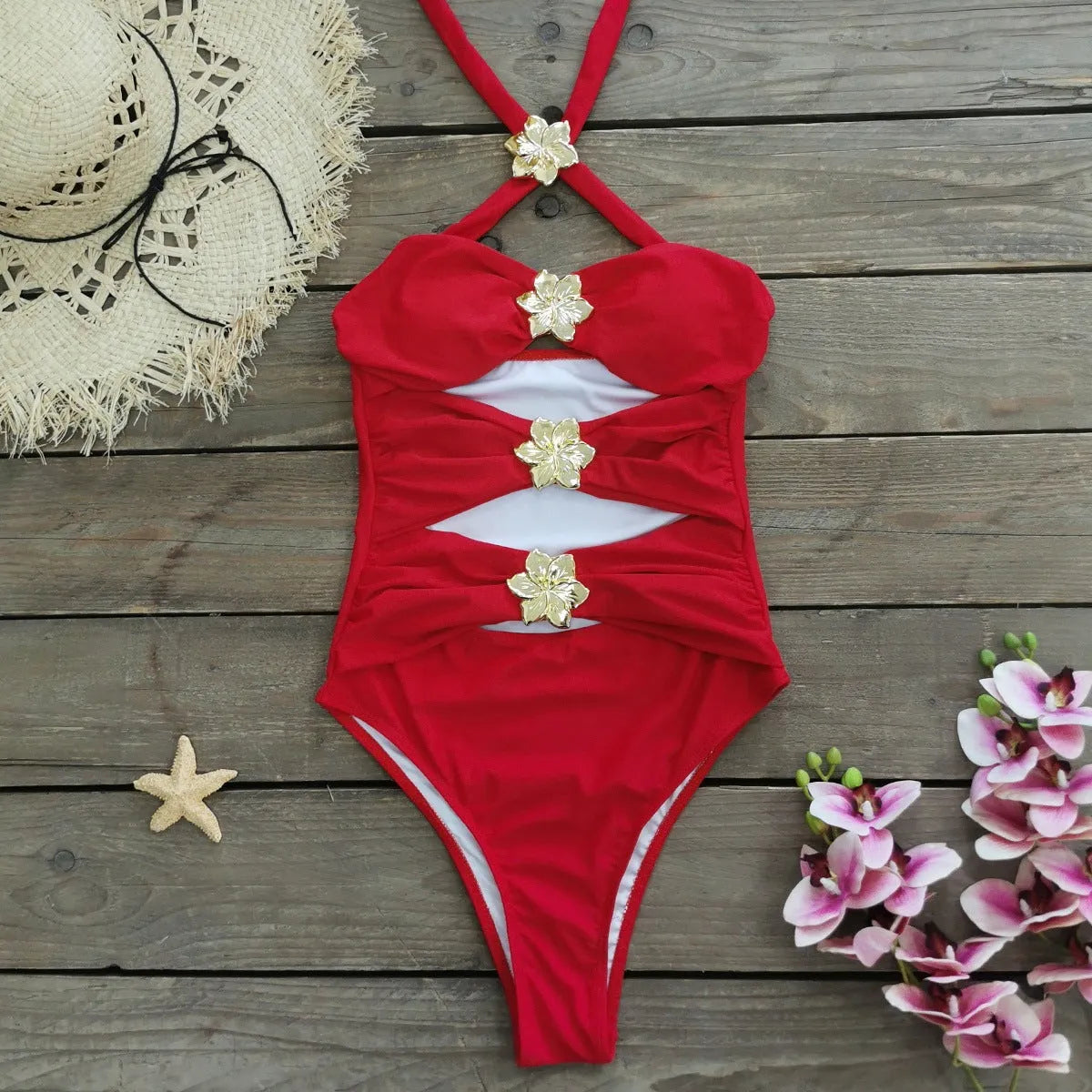 Solid colour women's one-piece swimsuit with hollow-out tube top and detachable short skirt on a mannequin.
