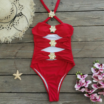 Solid colour women's one-piece swimsuit with hollow-out tube top and detachable short skirt on a mannequin.