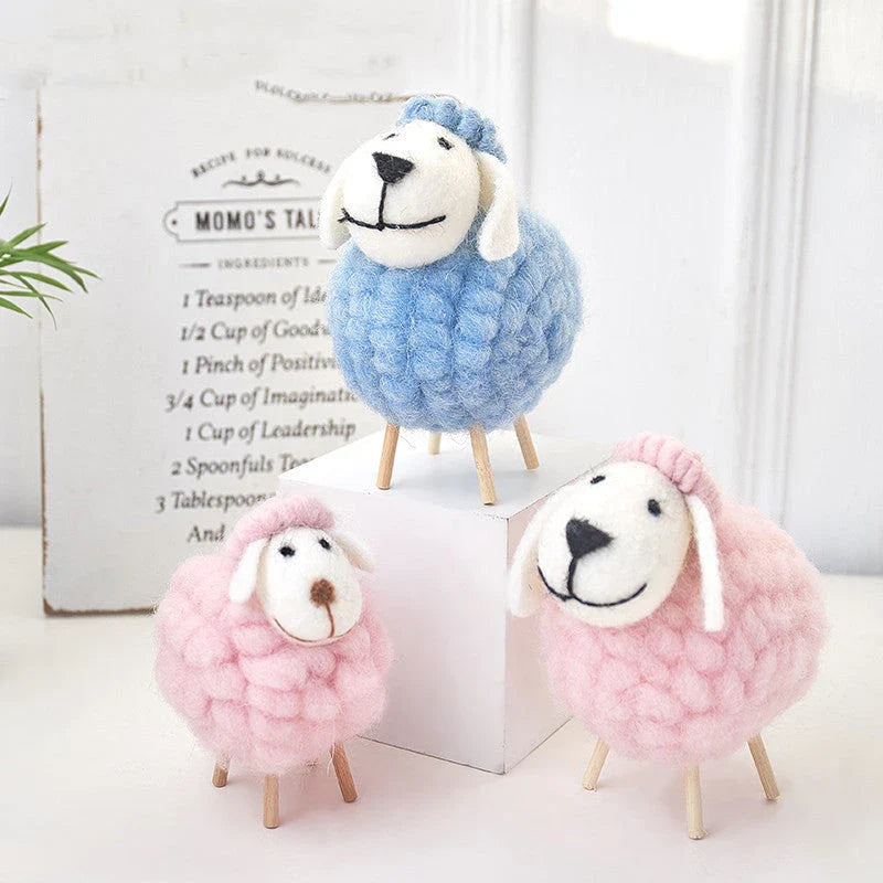 Adorable plush sheep decorations in various sizes and color combinations, perfect for adding a cozy, farmhouse-inspired touch to any home.