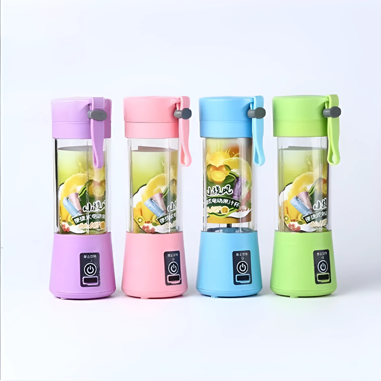 Pink portable USB electric fruit juicer blender cup with stainless steel blade and carry handle.