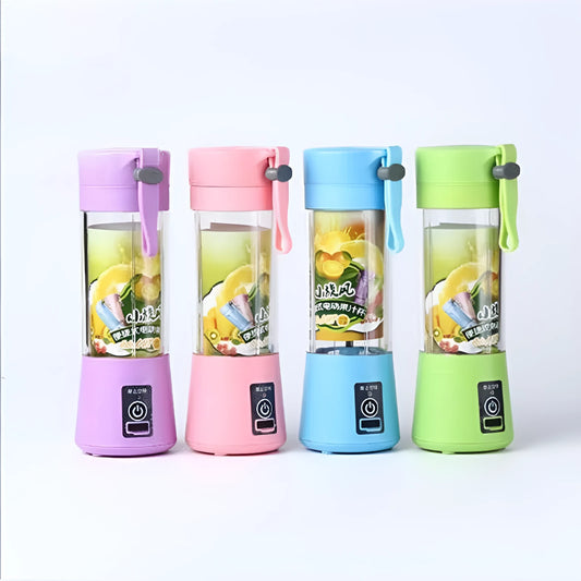 Pink portable USB electric fruit juicer blender cup with stainless steel blade and carry handle.