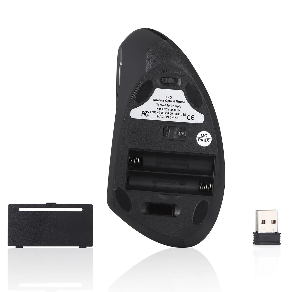 Black left hand vertical wireless mouse with DPI button, thumb buttons, 108g, 4.92 x 2.56 x 3.23 inches