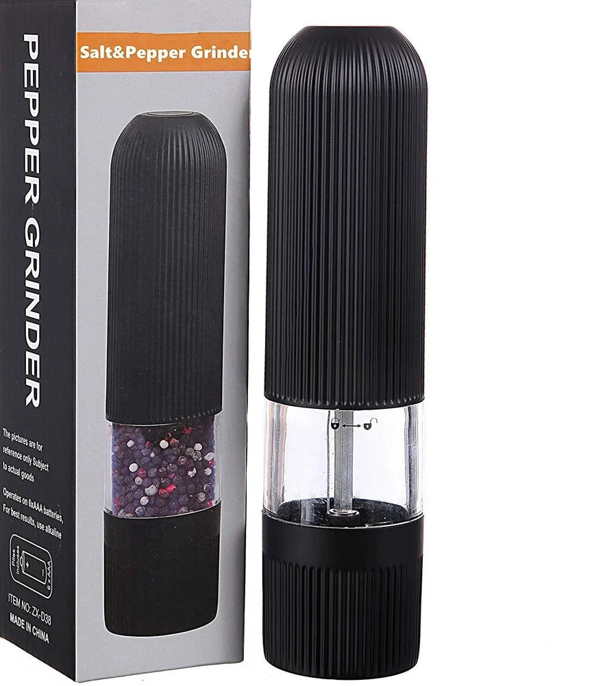 Black electric pepper grinder with transparent section showing peppercorns and ceramic grinding mechanism