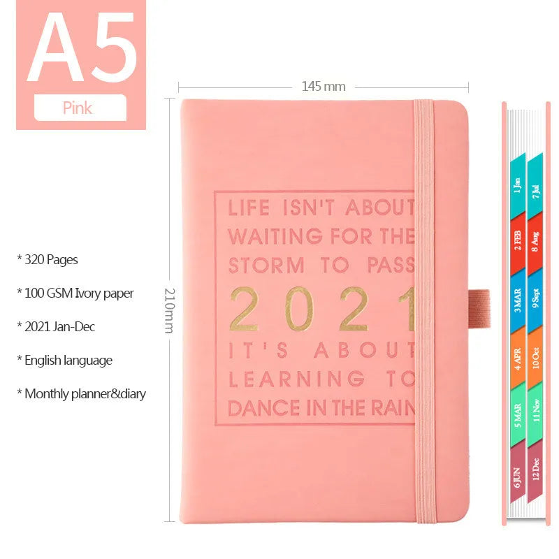 A5 daily planning notebook with imitation leather cover in five colours, open to show calendar and writing pages.