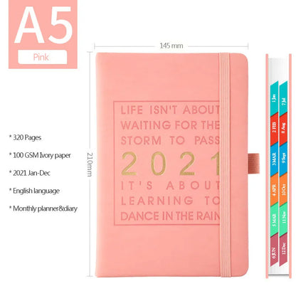 A5 daily planning notebook with imitation leather cover in five colours, open to show calendar and writing pages.