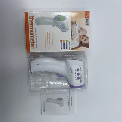 White digital infrared thermometer with LCD screen displaying temperature and colour-coded fever alert.