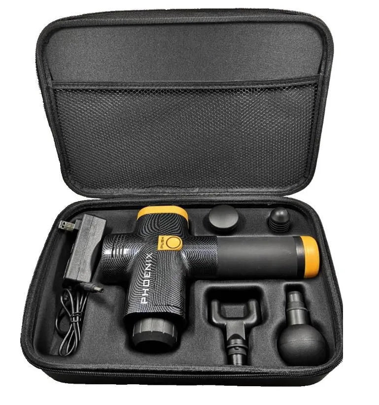 Black fascia massage gun with four interchangeable heads for deep tissue treatment measuring 29x28x28cm