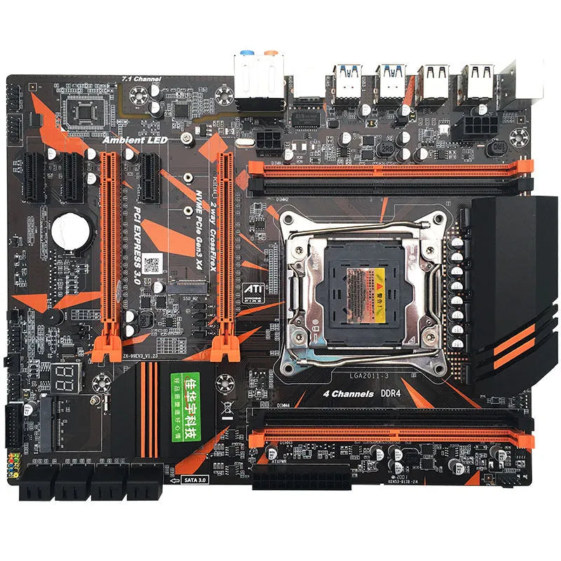 Black X99 motherboard with LGA2011-3 socket, four DDR4 slots, dual PCI-E x16, and M.2 interface