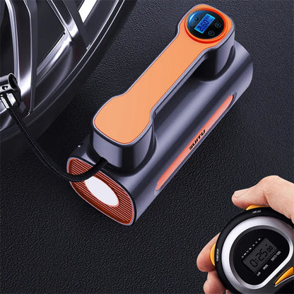 Cordless portable car tyre inflator pump with digital LCD display on black ABS plastic body