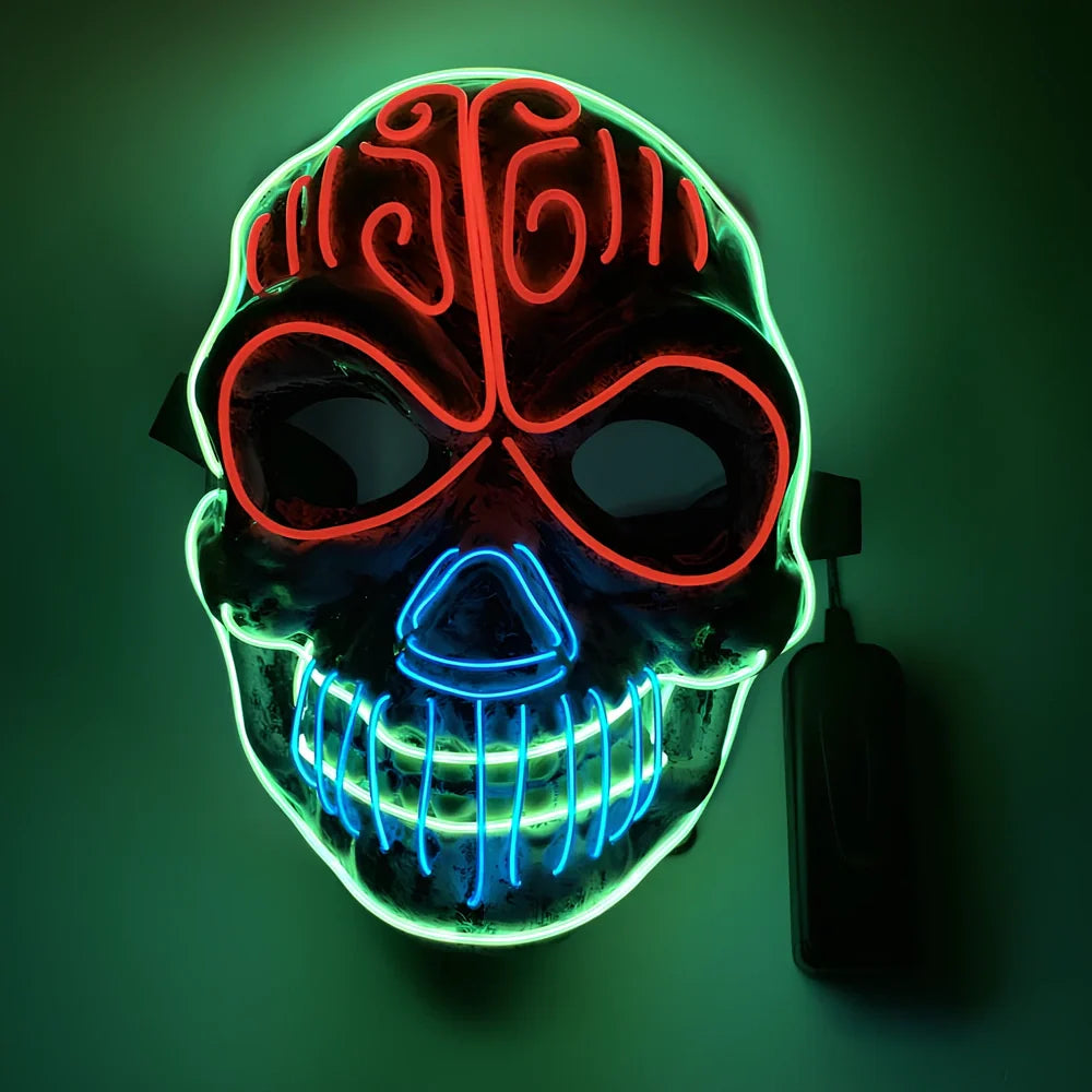 Halloween LED mask with voice control and multiple flash modes measuring 22cm by 18cm