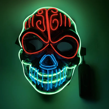 Halloween LED mask with voice control and multiple flash modes measuring 22cm by 18cm