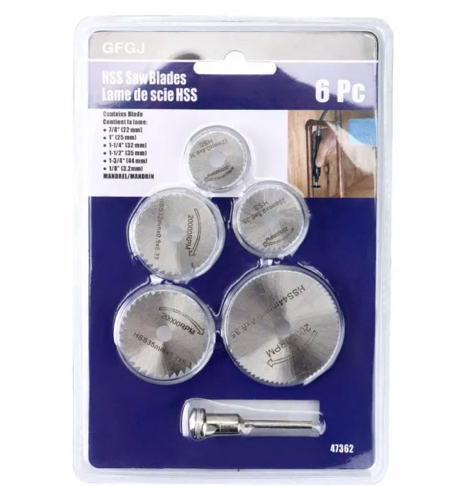 Set of six high-speed steel circular saw blades and a mandrel for woodworking tools.