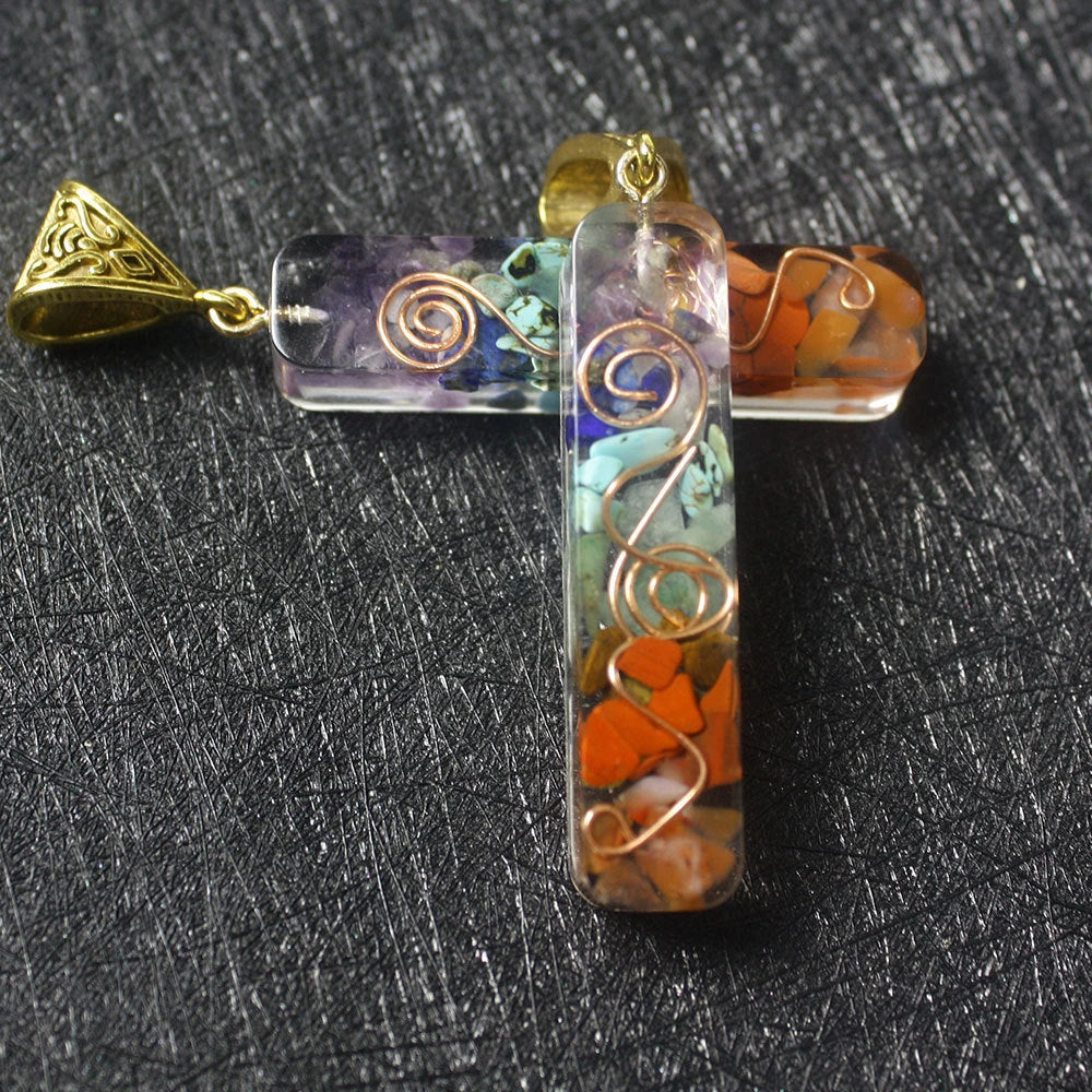 A stylish 7-chakra crystal pendant featuring a unique geometric design and natural stone patterns