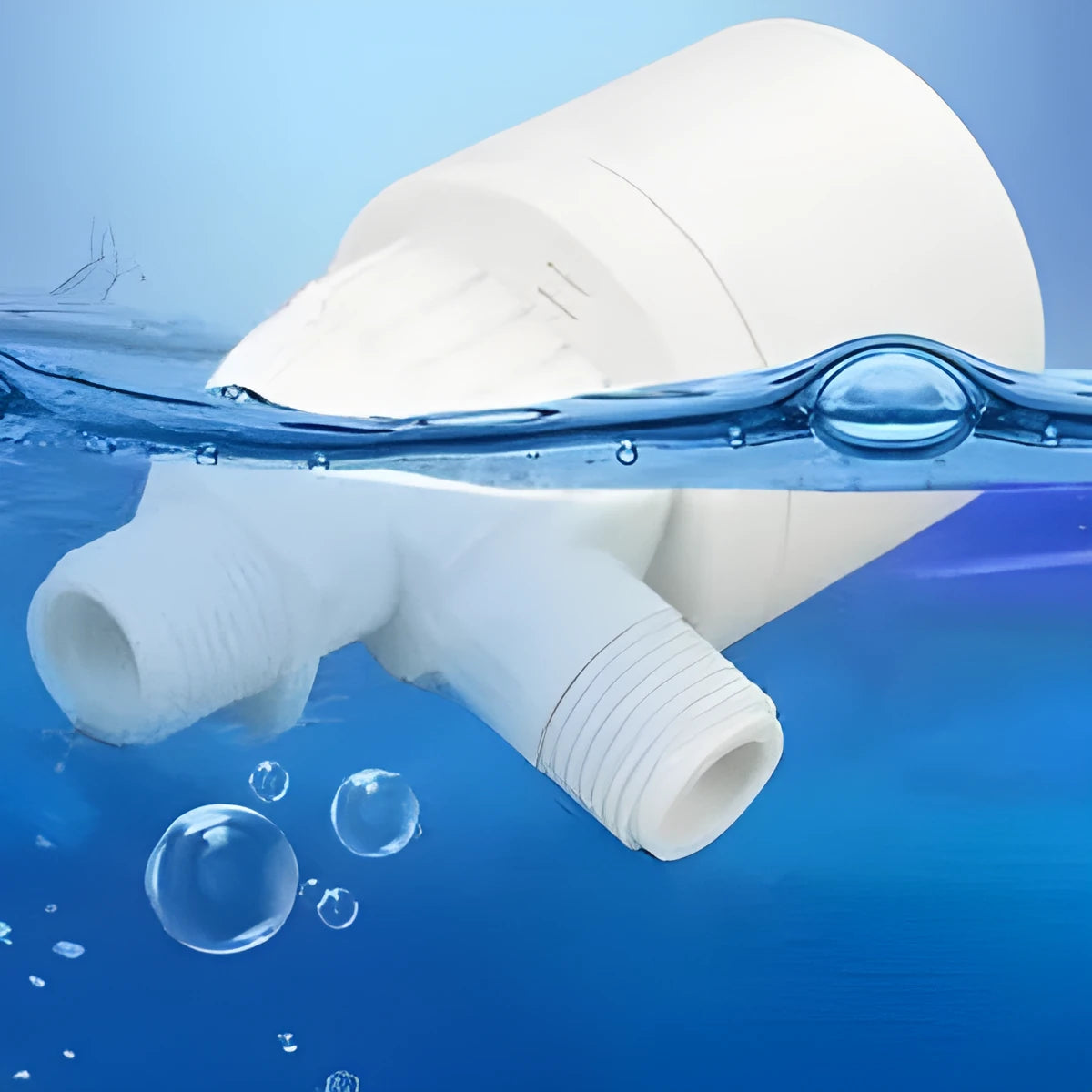 White nylon automatic float valve with threaded connection for purified water systems.