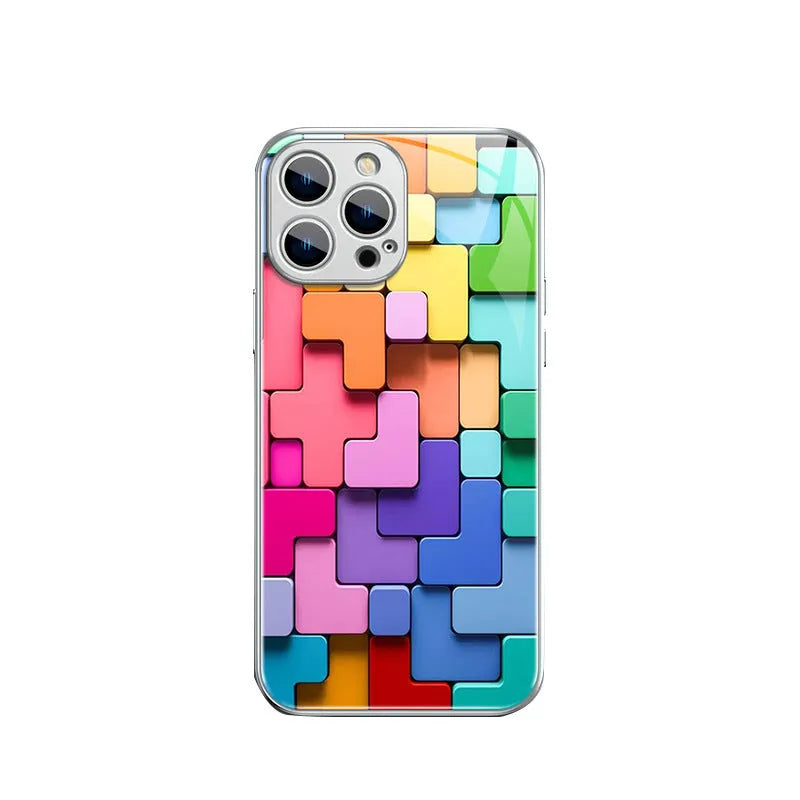 Colourful geometric building block pattern silicone back cover for iPhone, shown in glossy finish.