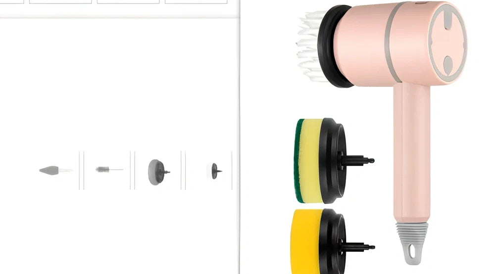 Electric cleaning brush with pink housing and multiple brush attachments for kitchen and bathroom surfaces