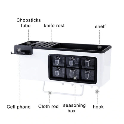 White wall-mounted plastic storage jar with pull-out transparent drawers for seasonings and kitchen utensils, dimensions 43.5cm x 16.7cm x 15.7cm