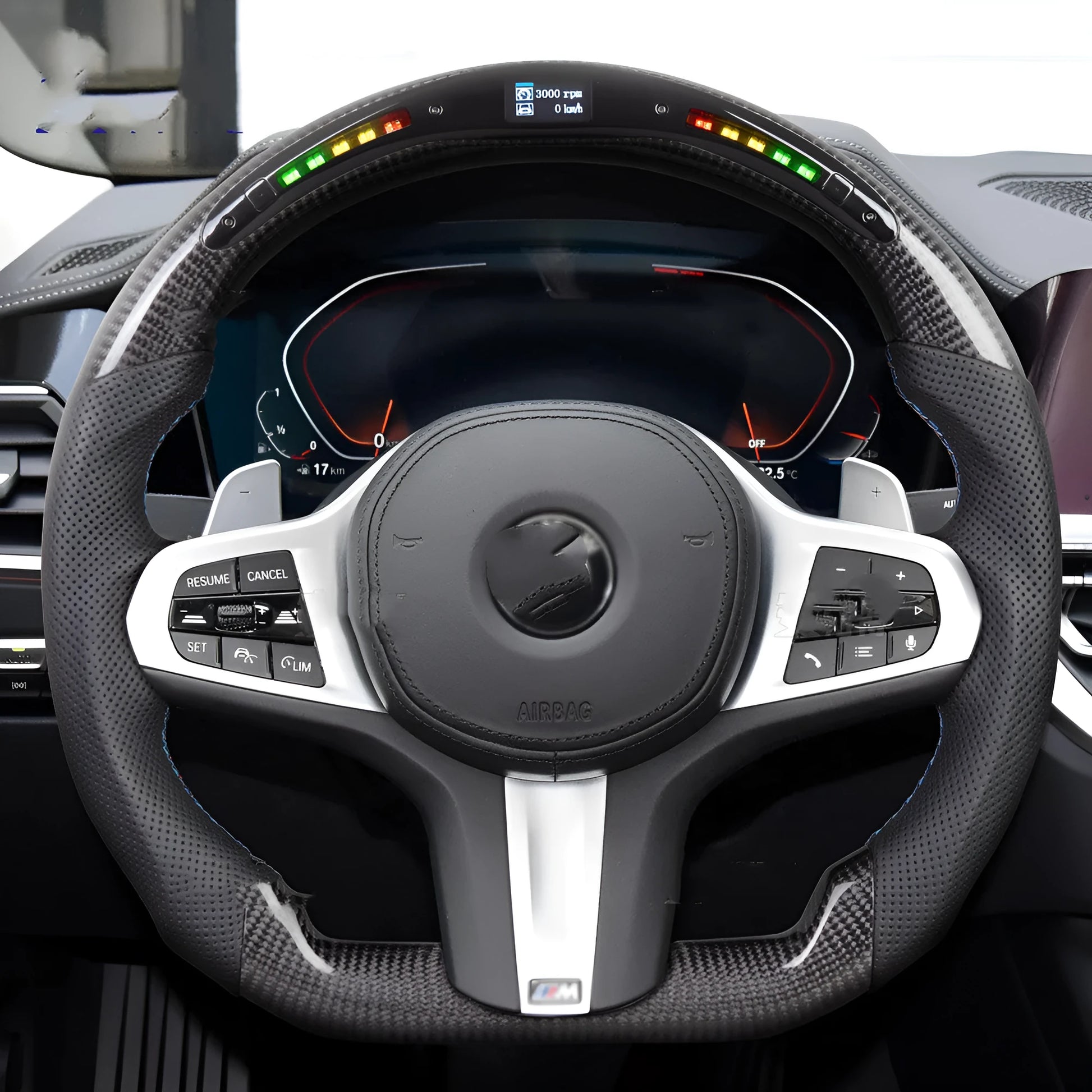 Black carbon fibre LED sports steering wheel for BMW X3 and X5 with heating function