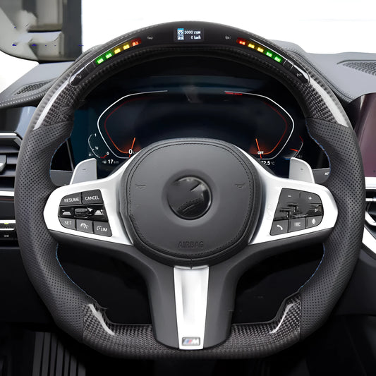 Black carbon fibre LED sports steering wheel for BMW X3 and X5 with heating function