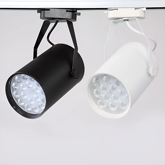 LED track spotlight with aluminium shell in black or white finish, mounted on a lighting track.
