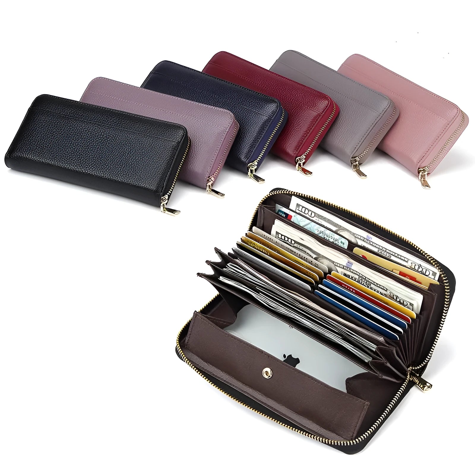 Long genuine leather women's wallet in solid colours with 12 card slots and anti-theft design