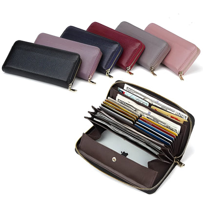 Long genuine leather women's wallet in solid colours with 12 card slots and anti-theft design