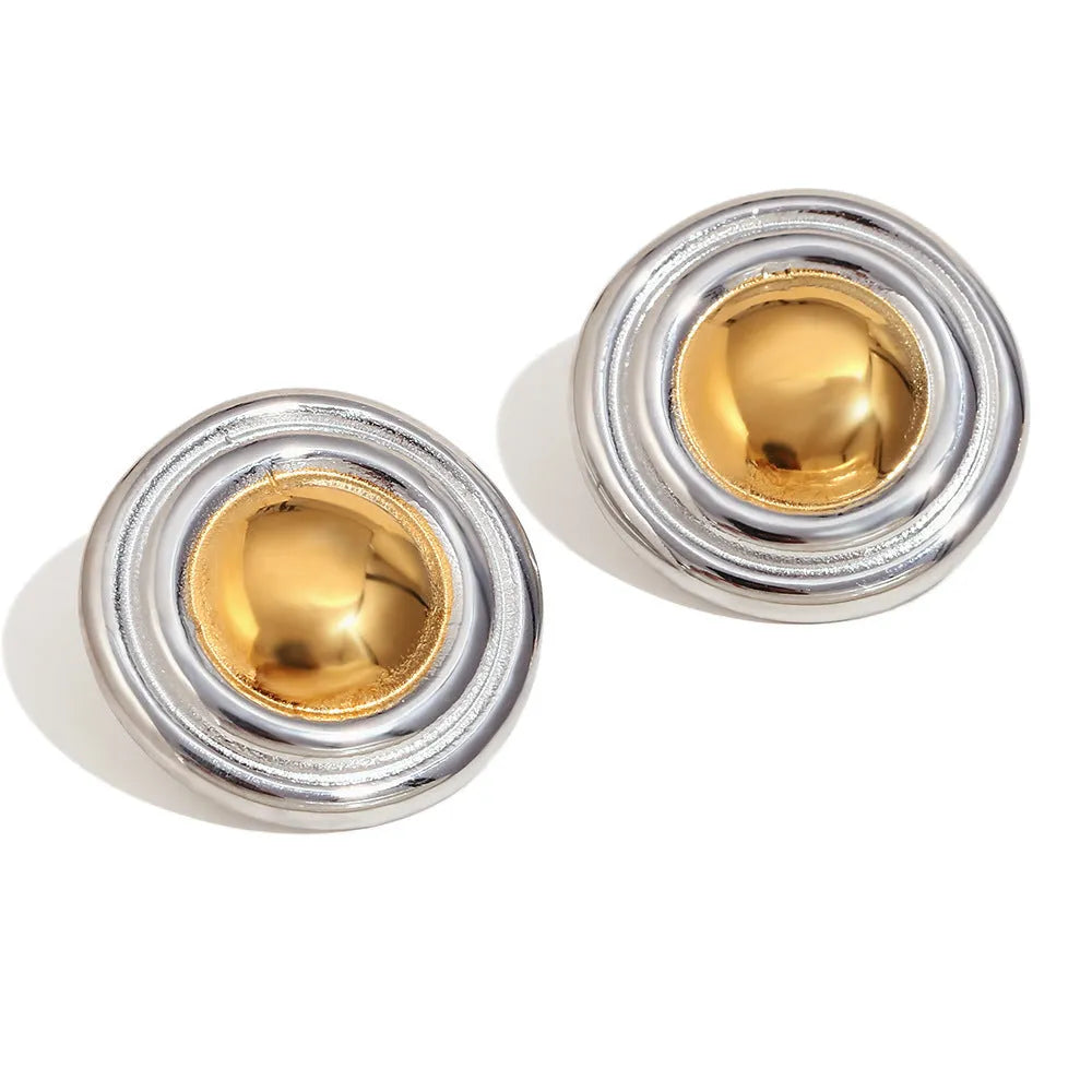 Gold electroplated stainless steel earrings, necklace, and bracelet set with geometric shapes and round ring elements