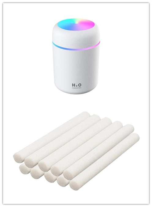 Car USB humidifier with 300ml water tank capacity and 25-35ml/h spray volume for continuous moisture without desktop wetting, featuring colourful atmosphere lights and low noise operation