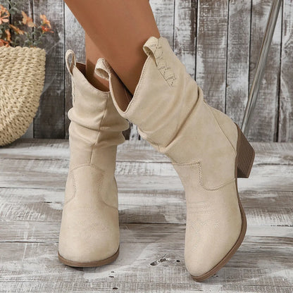 Women's mid-calf suede boots with leather stitching, 3-5cm short stout heel, in milky white or lotus root colour, sizes 36-42