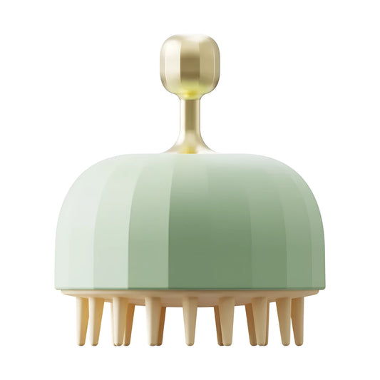 Green silicone pet bath brush with soft fingers and drain holes for washing dogs and cats