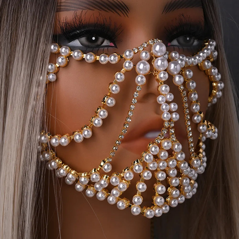 Exaggerated rhinestone party mask in gold colour with alloy patchwork and geometric shapes