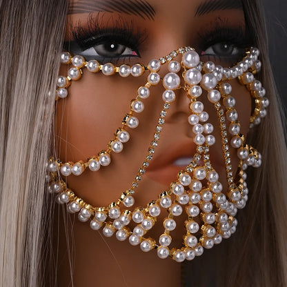 Exaggerated rhinestone party mask in gold colour with alloy patchwork and geometric shapes