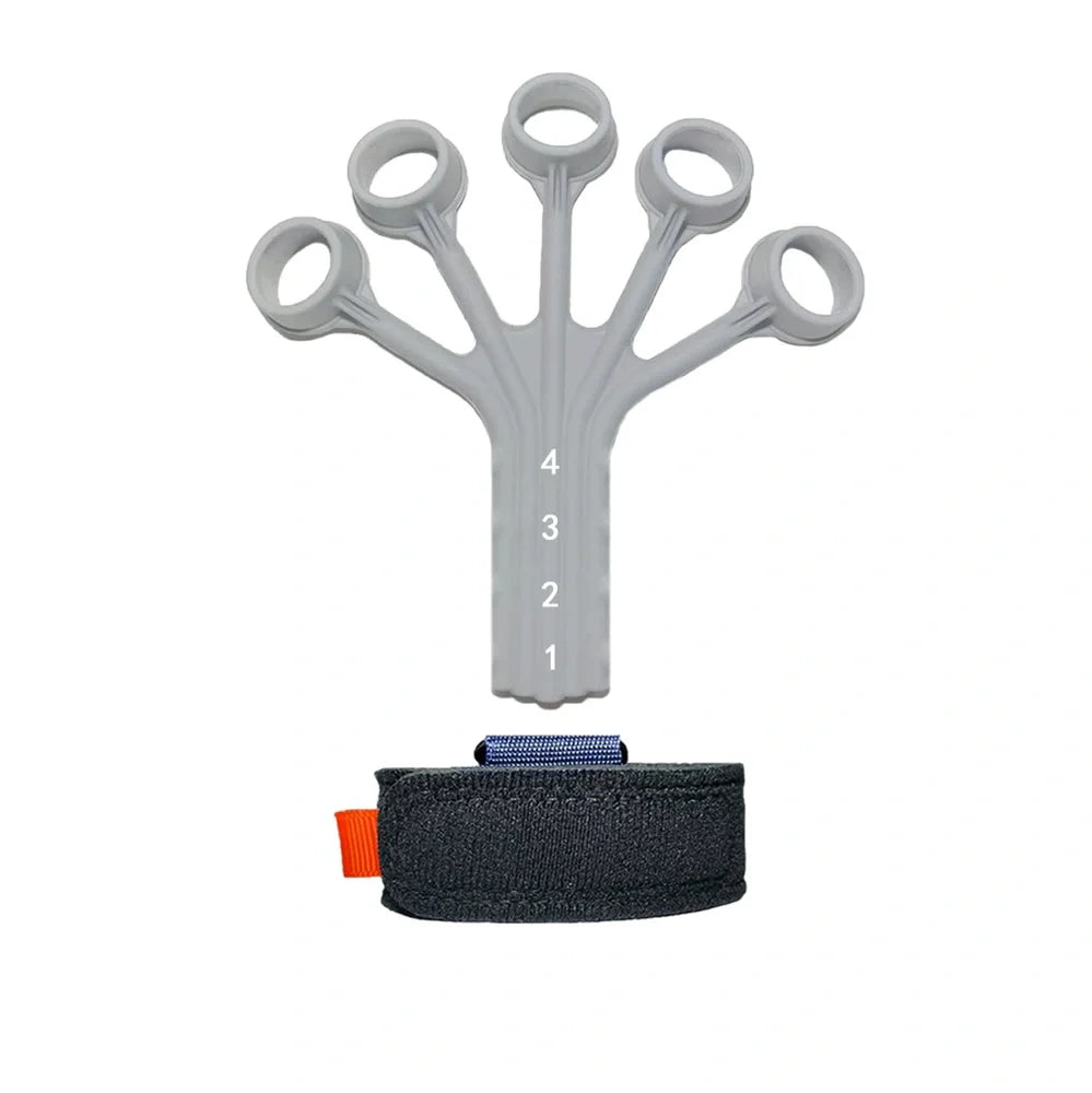 Black silicone finger rehabilitation trainer with adjustable resistance belt for hand exercises