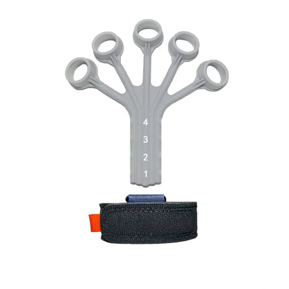 Black silicone finger rehabilitation trainer with adjustable resistance belt for hand exercises