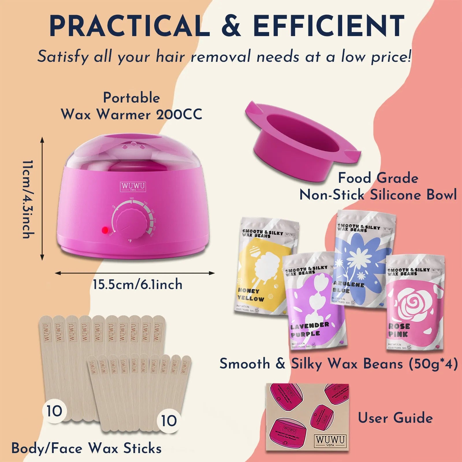 27-piece hypoallergenic wax kit with lavender, pink, blue, and yellow wax beads, wax machine, and sticks