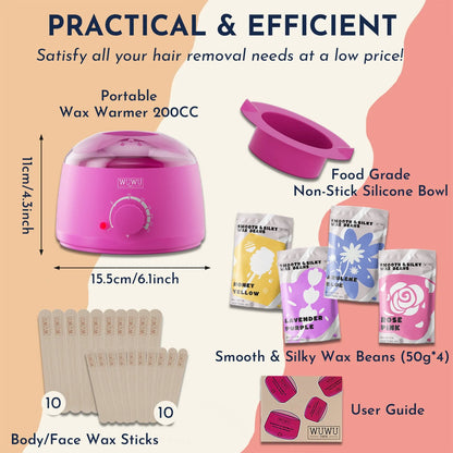 27-piece hypoallergenic wax kit with lavender, pink, blue, and yellow wax beads, wax machine, and sticks