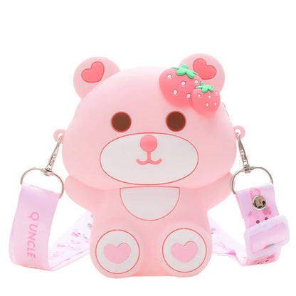Cute strawberry bear shoulder bag for kids, perfect for daily outings and adventures.