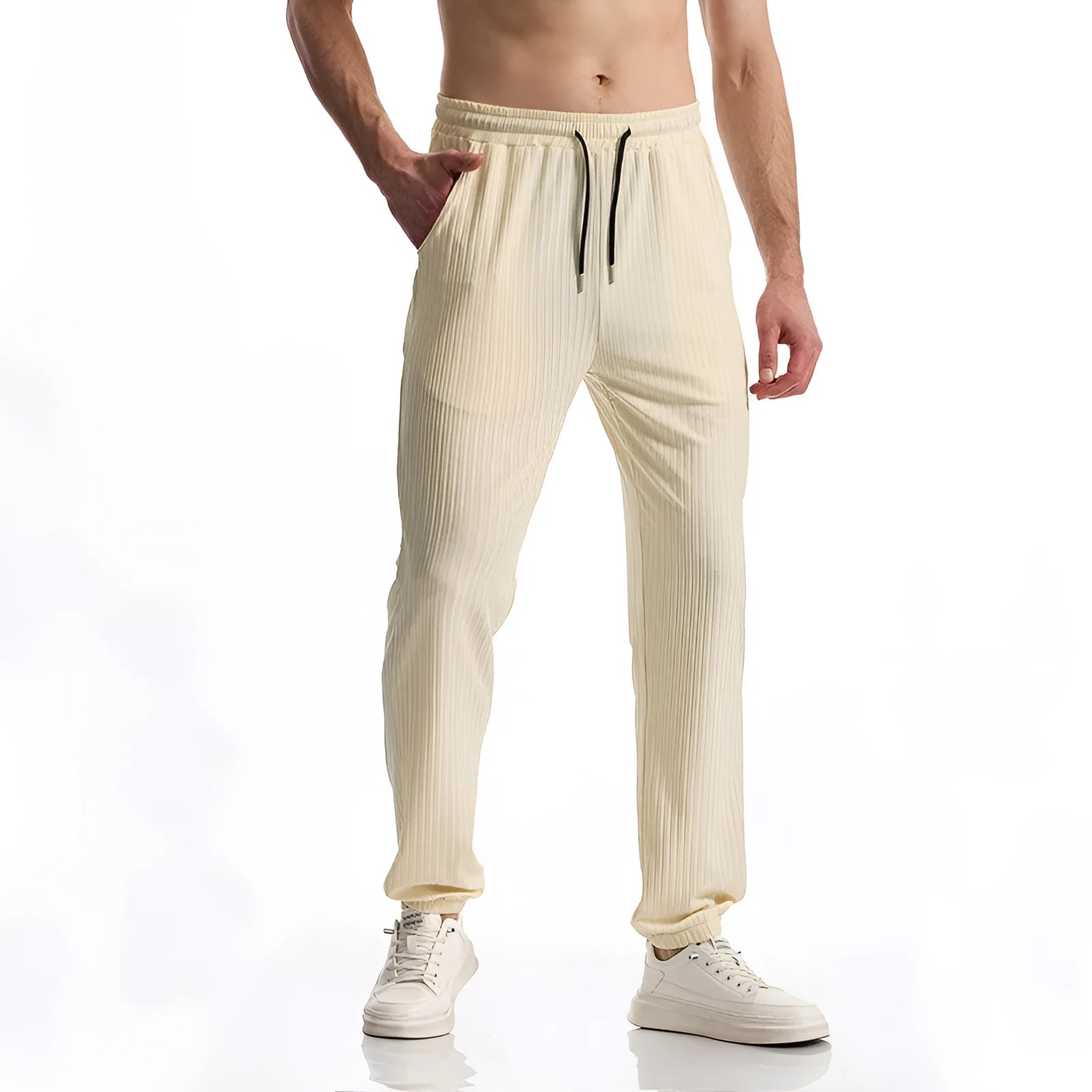 Silky rib fabric baggy straight trousers with drawstring waistband in black, white or khaki colours