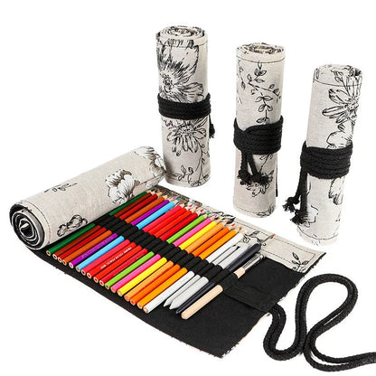 Black peony floral print canvas pencil roll bag open to show 24 or 72 pencil slots.