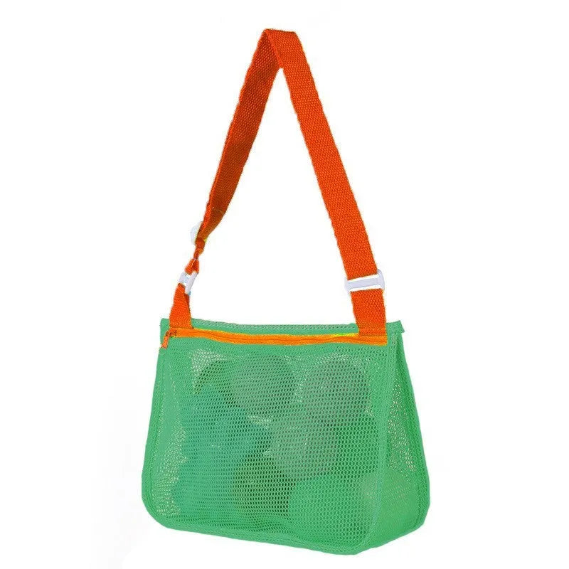 Blue children's travel storage organiser bag with nylon mesh construction and shoulder strap