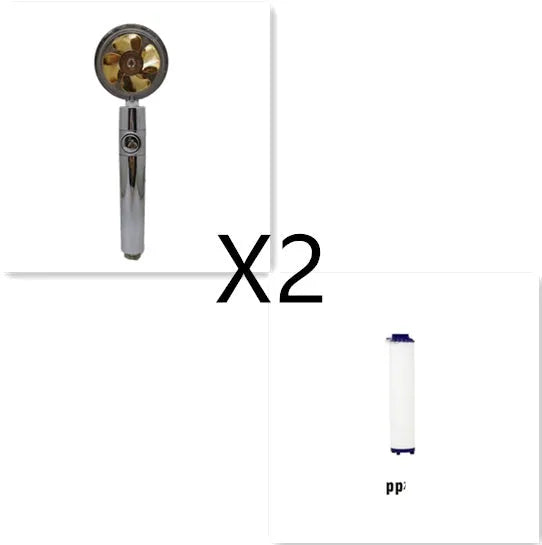 Chrome-finished ABS plastic water-saving shower head with a round, rotating spray head.
