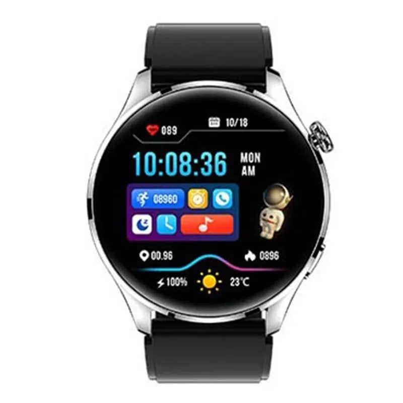 Smart watch with round colour screen, zinc alloy case, and silicone strap, showing Bluetooth calling and access control features
