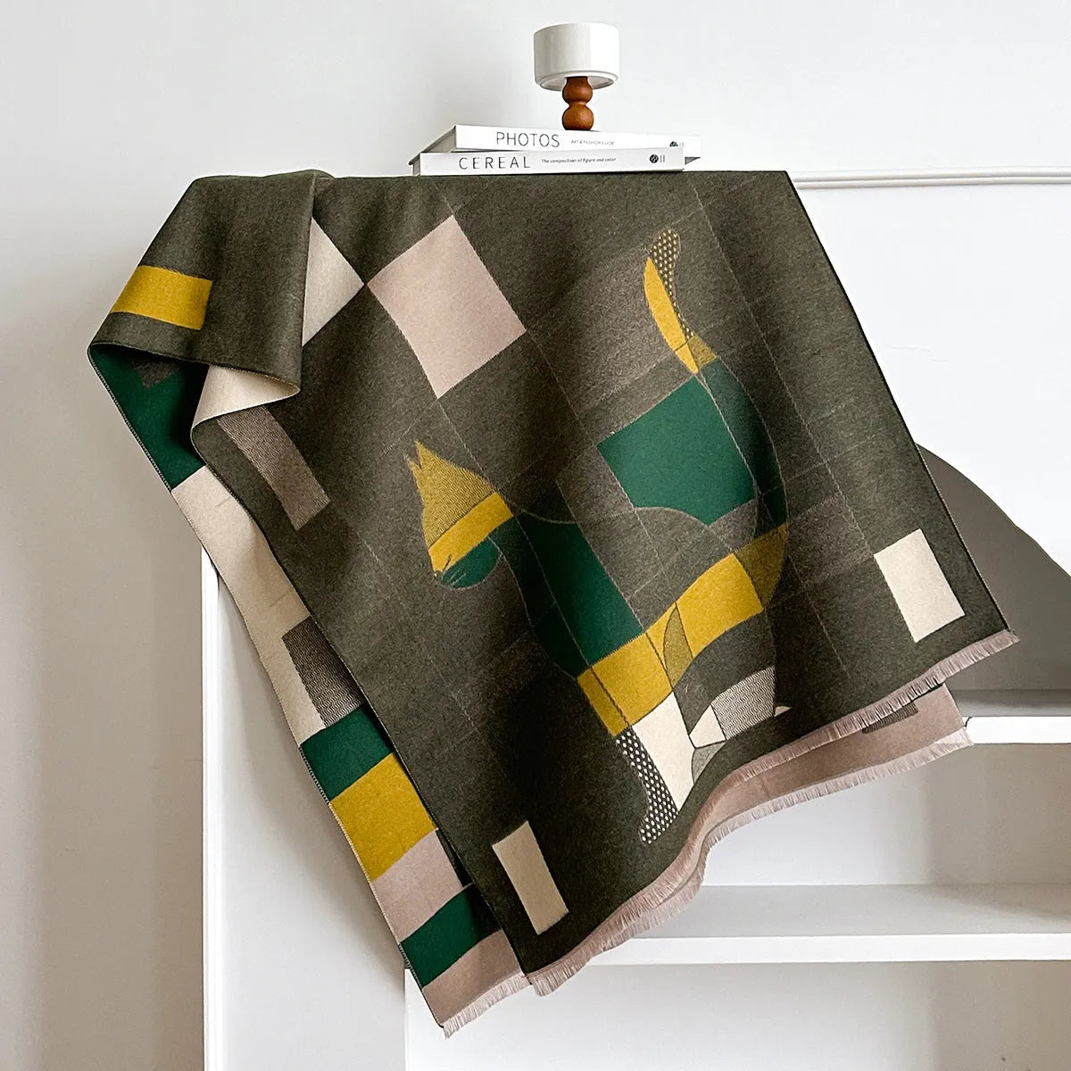 Imitation cashmere scarf in European American style showing 185x65cm dimensions and available colour options