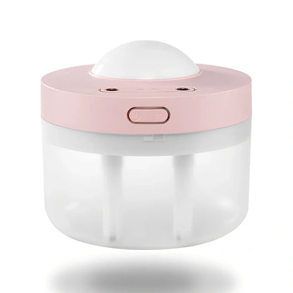 White portable humidifier with rotating projection light showing blue illumination and dual spray mist output