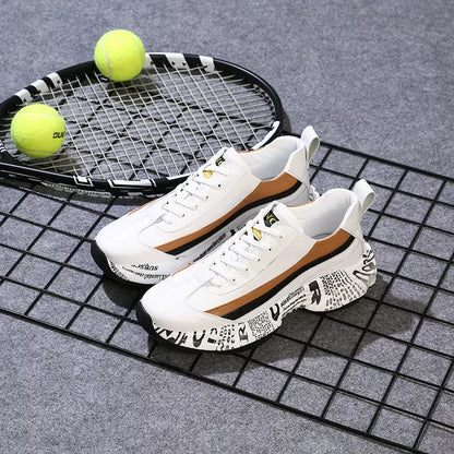 Men's black and white thick sole sneakers with inner heightening and breathable design