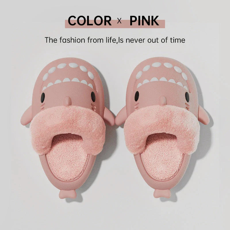 Cozy and stylish shark-themed house slippers with a plush, fuzzy upper and a durable, non-slip sole