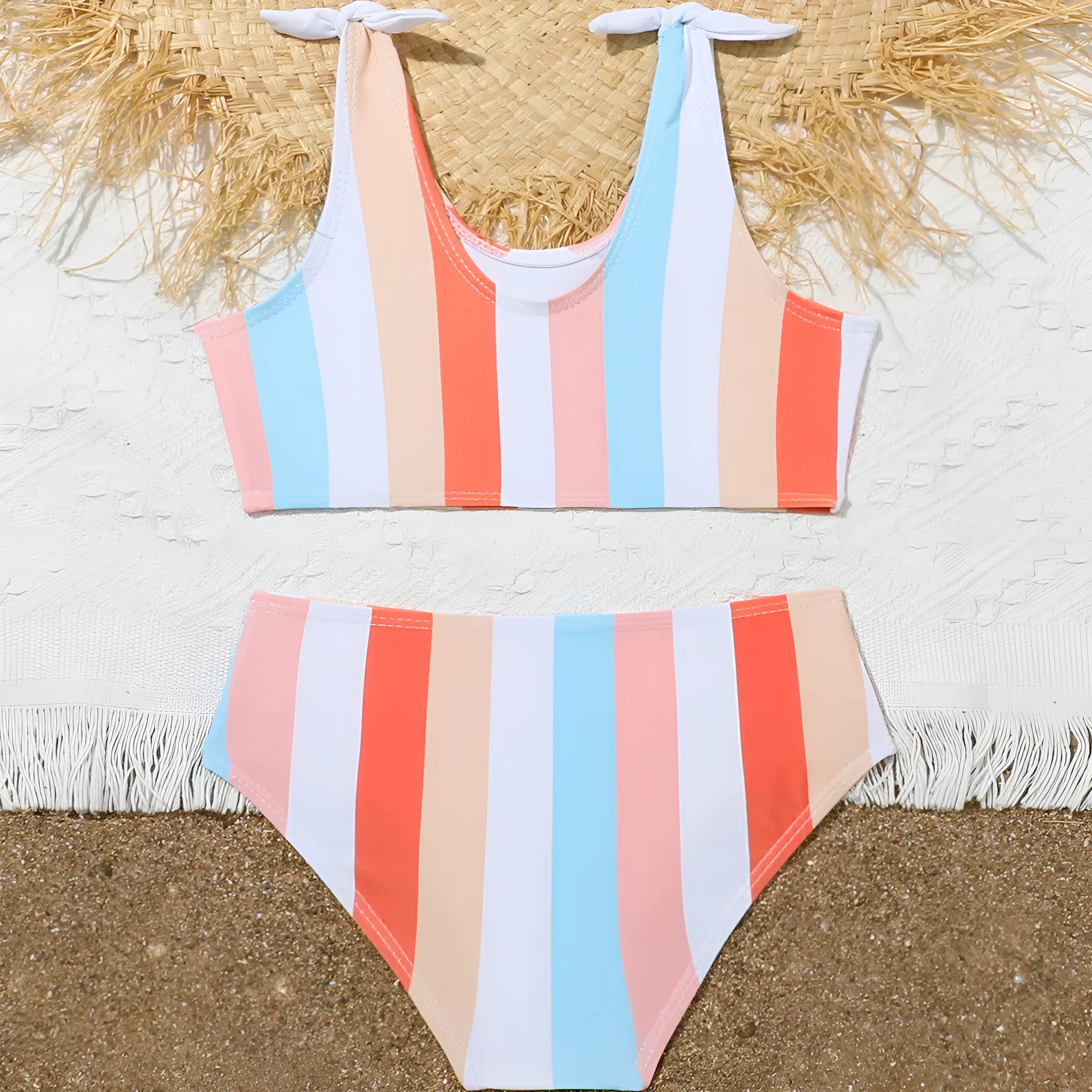 Girls' plaid print two-piece swimsuit bikini set on a white background