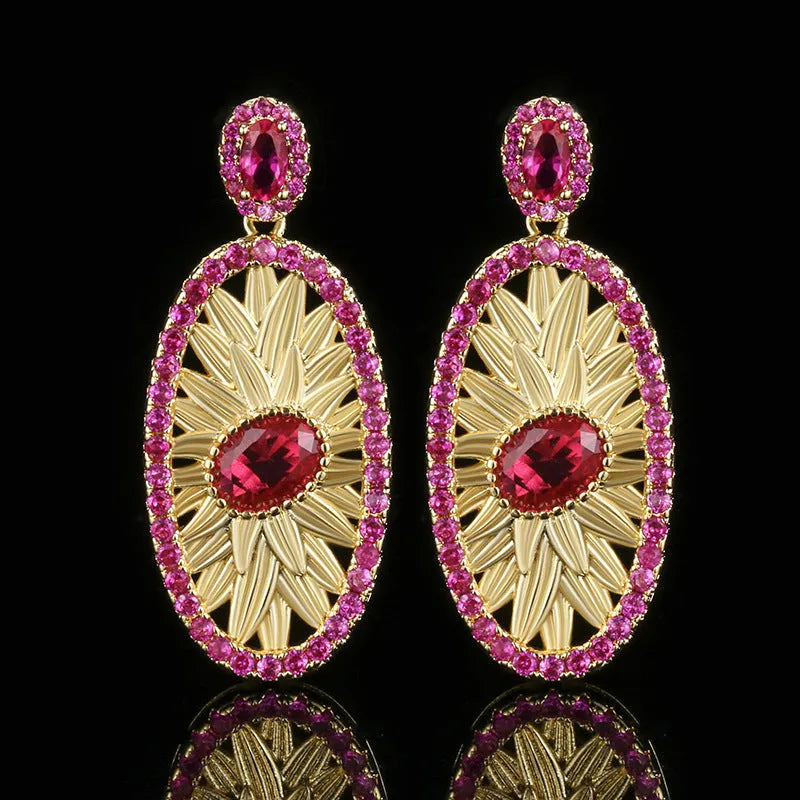 Gold-plated red corundum simulation jewellery set with necklace, ring and ear studs